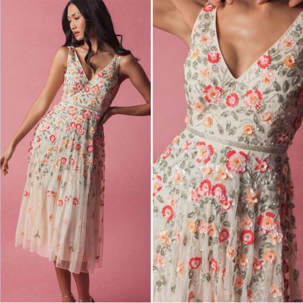 NWT Mac Duggal Nude White V-Neck Sleeveless Midi Floral Beaded A-line Dress 6